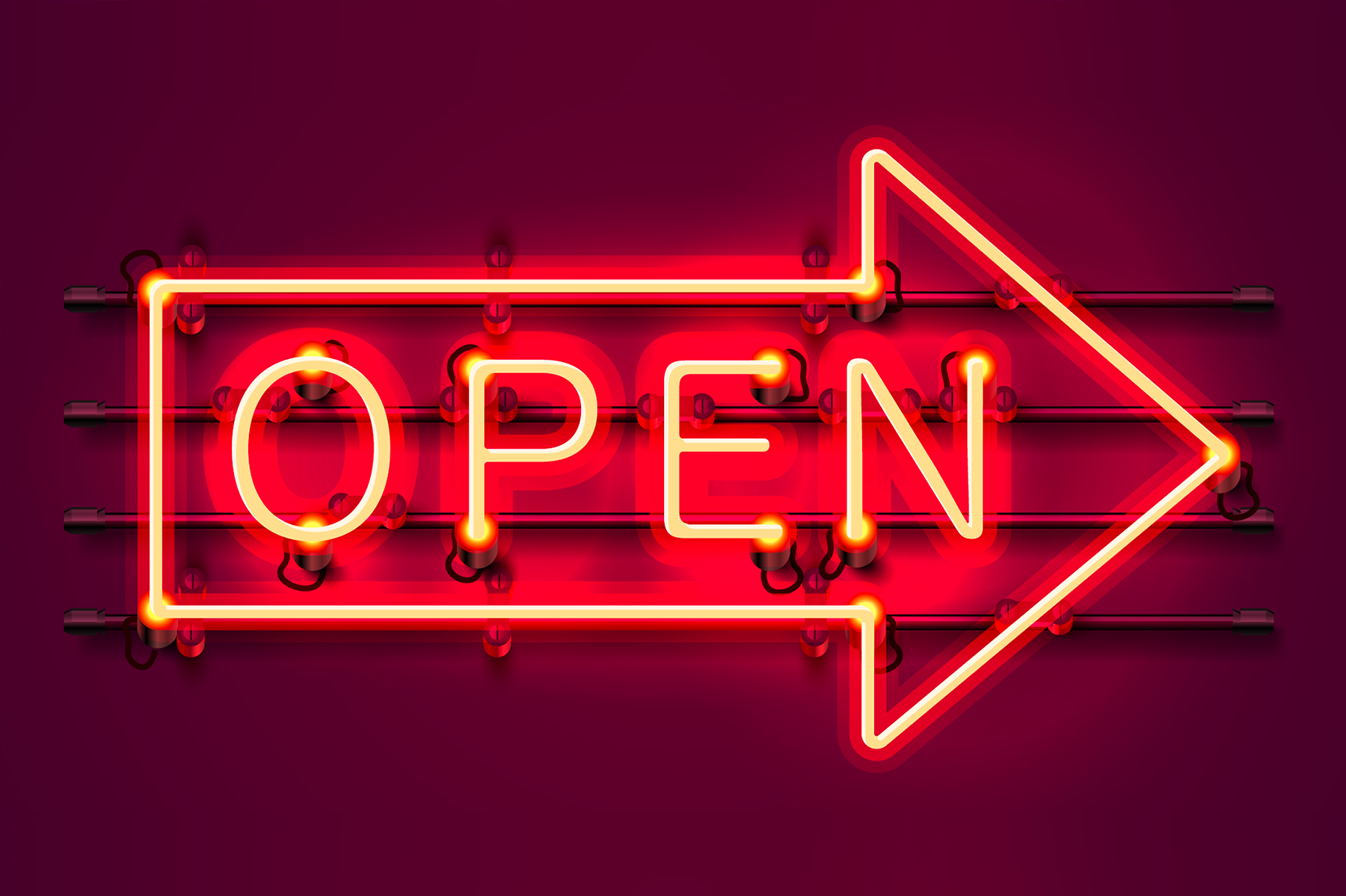 Neon sign with text open arrow