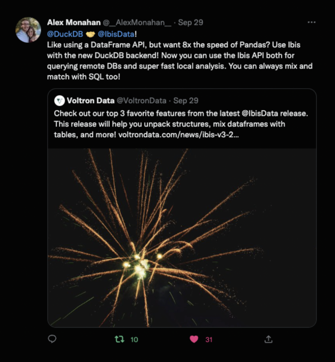 Screenshot of Tweet about Ibis and DuckDB backend