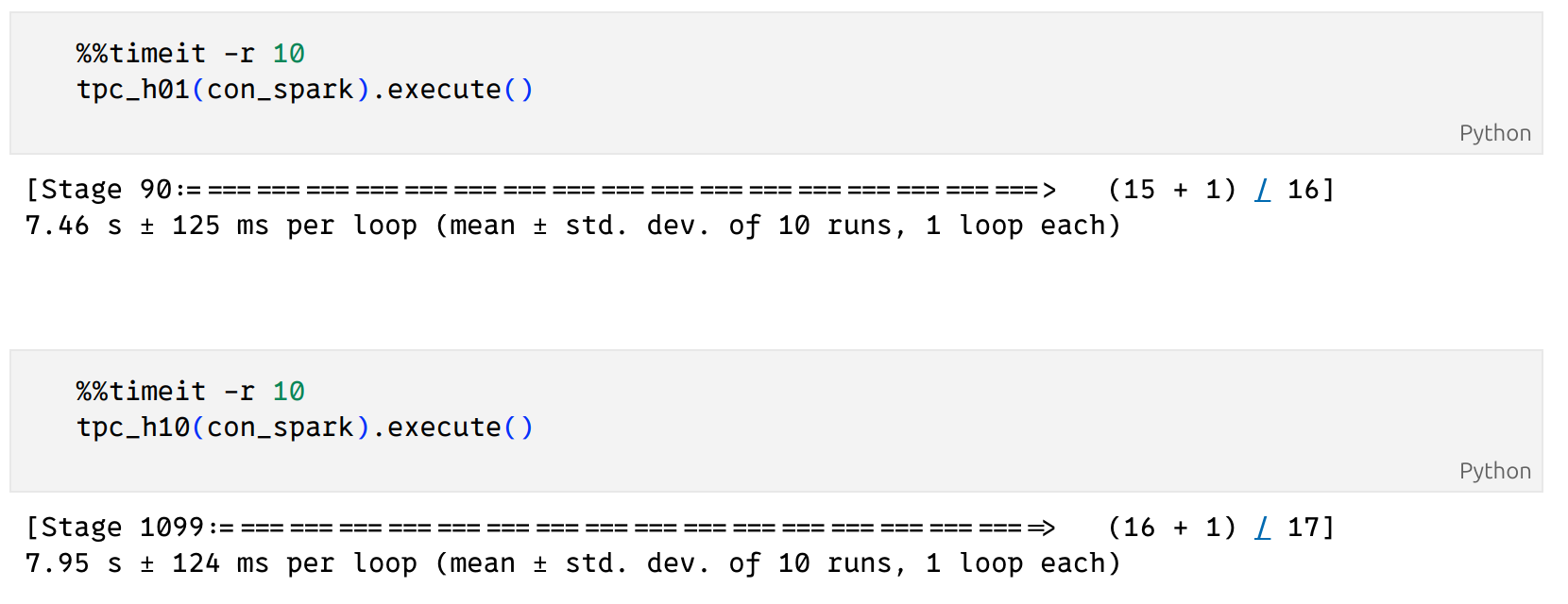 screenshot showing the results of running the tpc_h01 and tpch_h10 functions using the PySpark backend: means 7.46 seconds and 7.95 seconds respectively.