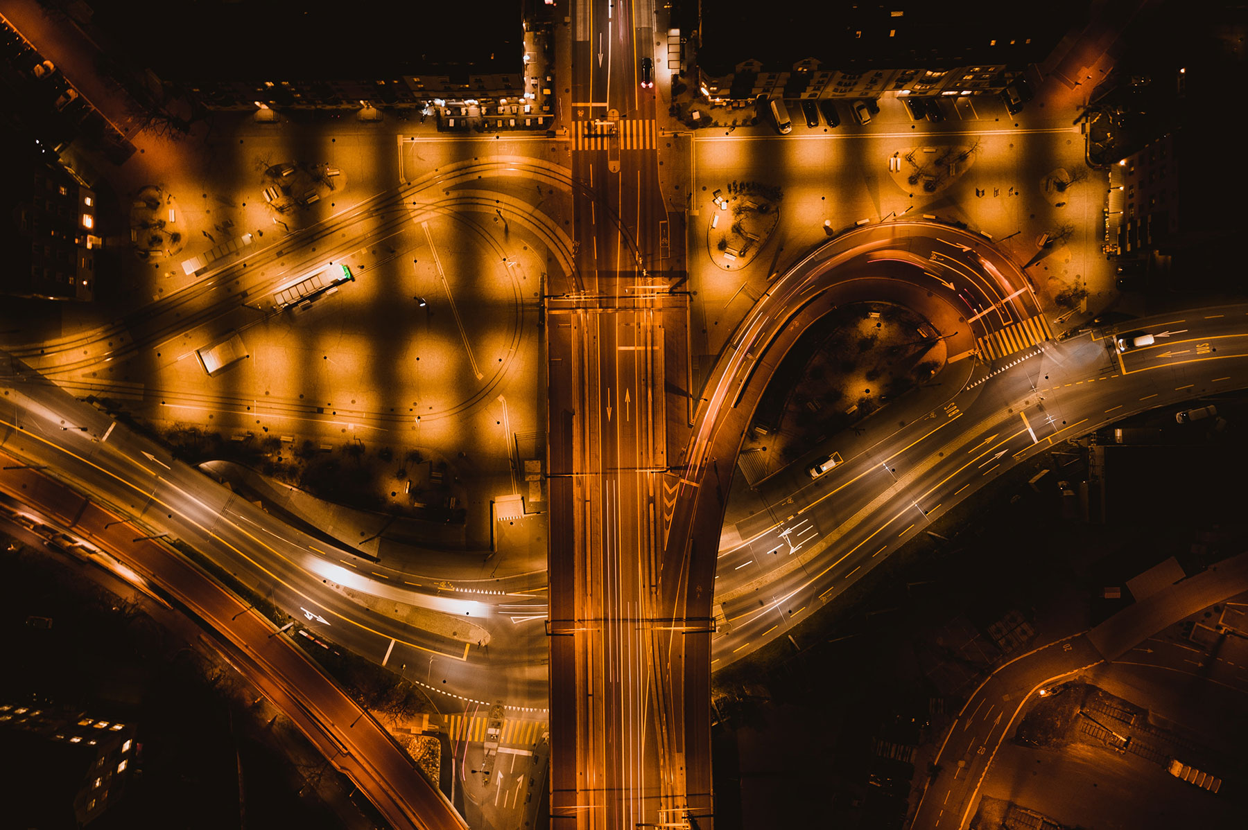 Aerial shot of roads crossing taken at night