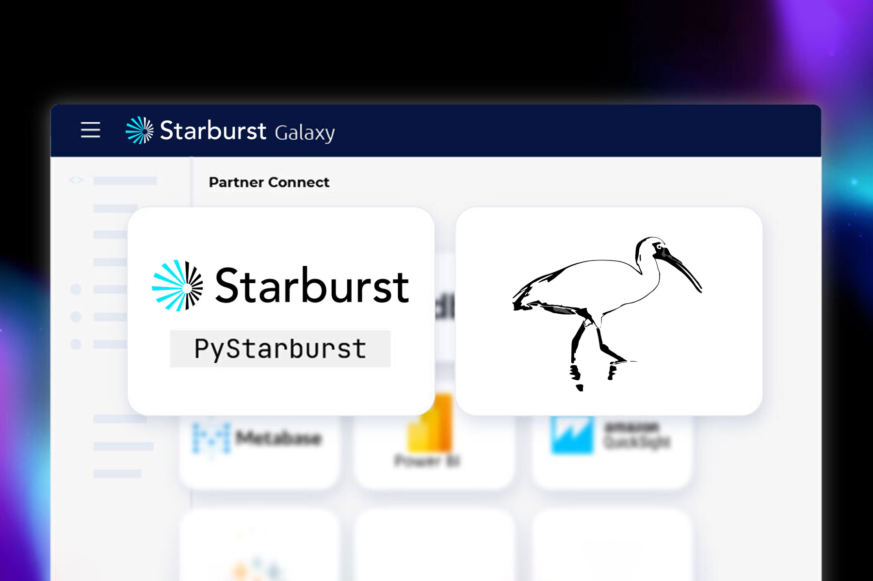 graphic showing Starburst logo and Ibis logo on top of Starburst Galaxy UI