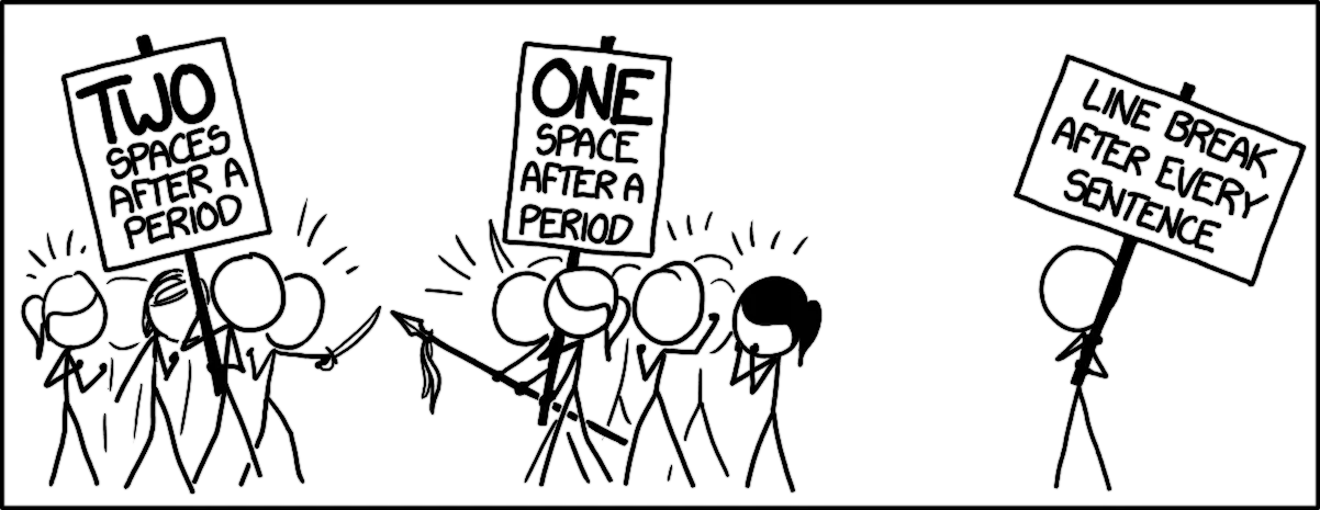 xkcd comic 1285. To the left a group with three Cueballs, a Ponytail and Megan at the front which face another group with two Cueballs, a Ponytail and a black haired ponytail at the front. Each group has a placard. A Cueball in the left group has a cutlass and a Cueball in the right group has a spear as they are angrily facing off against each other. Off to the far right side stands a lone Cueball also with a placard. Left placard: Two spaces after a period Middle placard: One space after a period. Right placard: Line break after every sentence
